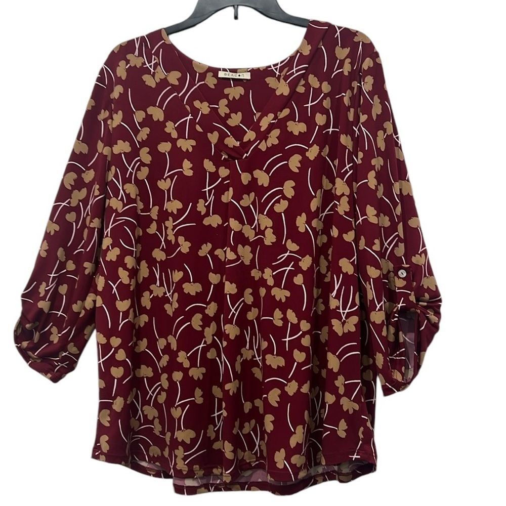Beacon long sleeve roll tab blouse burgundy tulips print size XXL